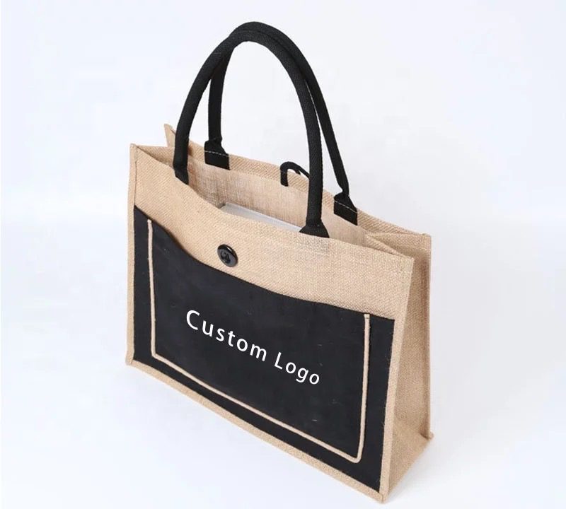 Jute Bag Top View Showing Interior Pockets & Lining